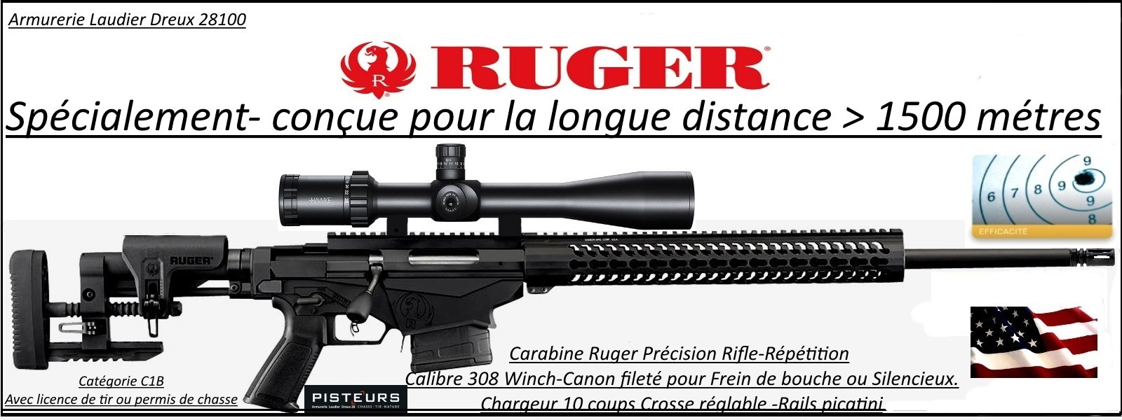 Carabine Ruger Précision rifle Calibre 308 winch Répétition Crosse réglable-pliante sur le coté-rails picatini +Frein bouche-Promotion-Ref 33071
