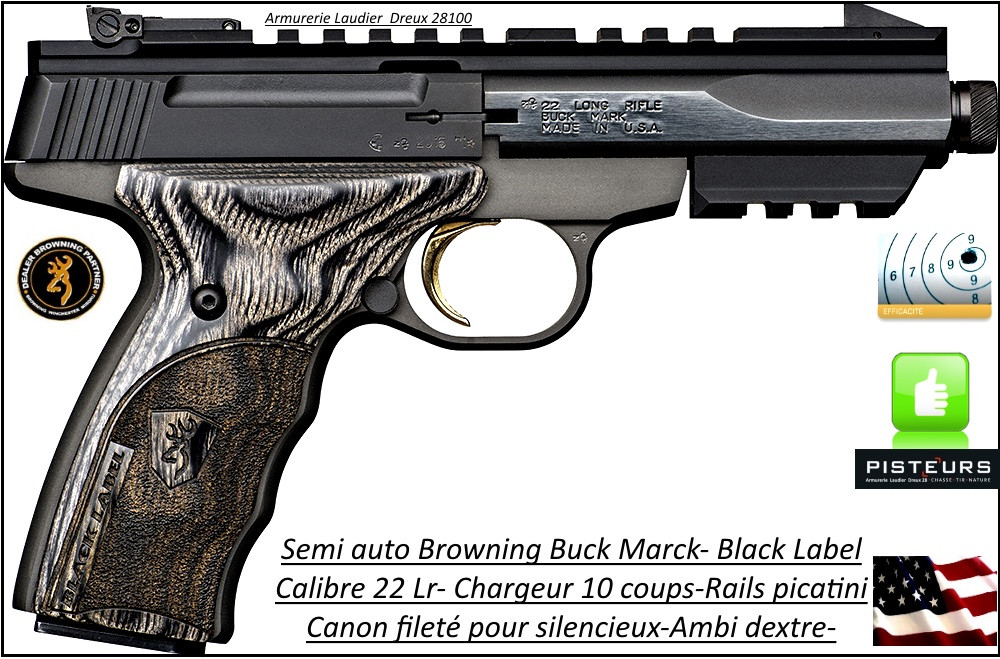 Pistolet Browning Buck Mark-Black Label Micro contour Calibre 22 Lr - Canon fileté-Semi automatique-Catégorie B1-Promotion-Ref 27341