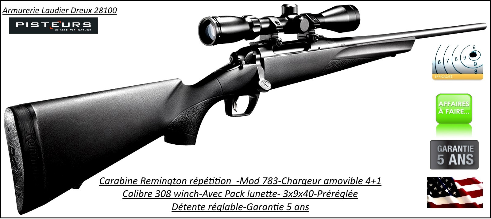 Carabine-Remington-783-Calibre-308 winch-Répétition-avec-Lunette 3x9x40-Promotion-Ref 27512