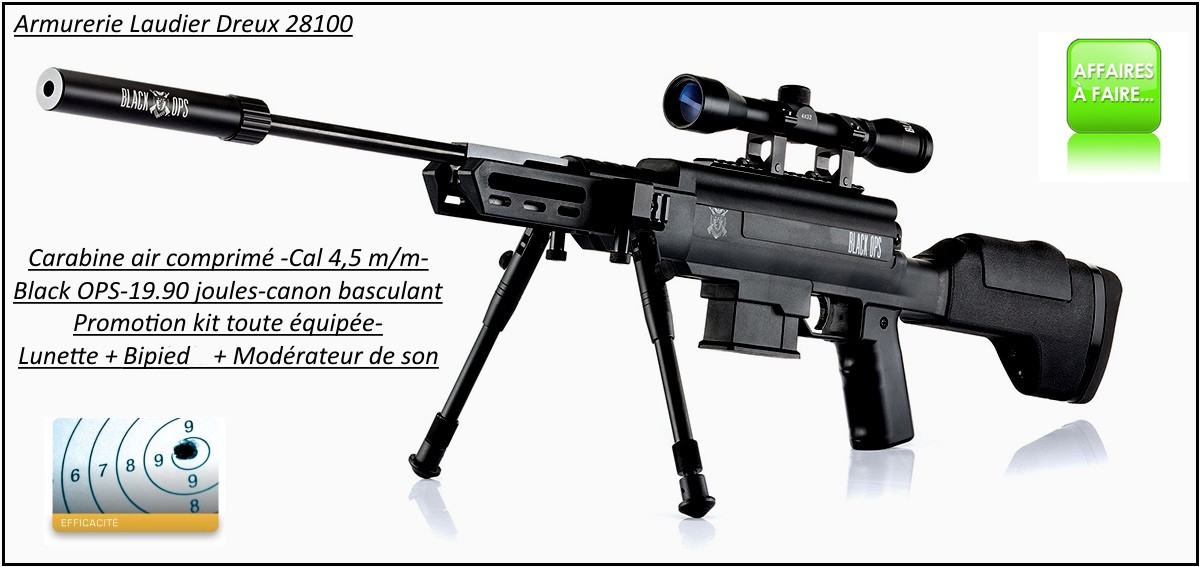 Carabine air comprimé Black OPS Sniper Calibre 4.5m/m Crosse synthétique 19,90 joules +kit lunette-bipied-modérateur -Promotion-Ref 27677