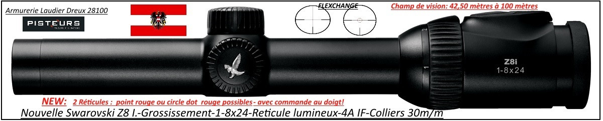 Lunettes Swarovski-Z8I grossissement 0,75-6x20-1-8x24-ou- 1.7x13.3x42P-ou- 2-16x50-P réticules lumineux Point rouge et cercle dot-4A-IF-FLEXCHANGE-ou non-Colliers Diam-30 m/m ou rail SR-Promotions