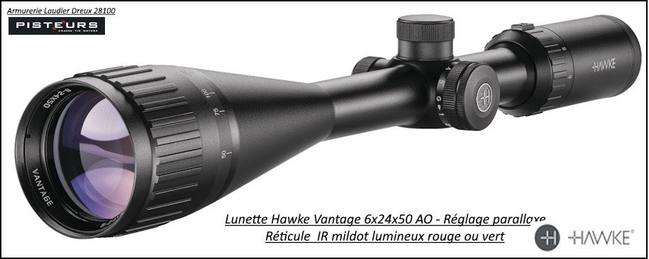 Lunette Hawke Optics-6x24x50AO-Vantage IR-Réticule-Mil Dot-lumineux-vert-rouge-Ref 28336