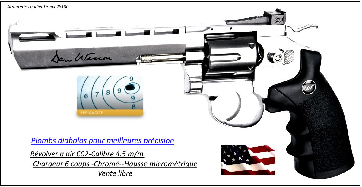 Revolver Dan Wesson ASG CO2 Calibre 4,5 mm  plombs  diabolos-couleur inox Barillet 6 coups- Métallique- Promotion-Ref 29112
