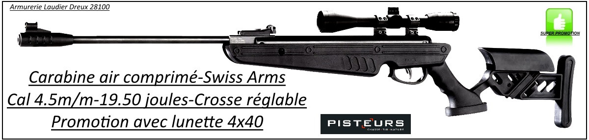 Carabine-air comprimé-Swiss Arms-Calibre 4.5m/m-Crosse ajustable-synthétique-19.50 joules+ kit lunette 4x40-Promotion-Ref 29498