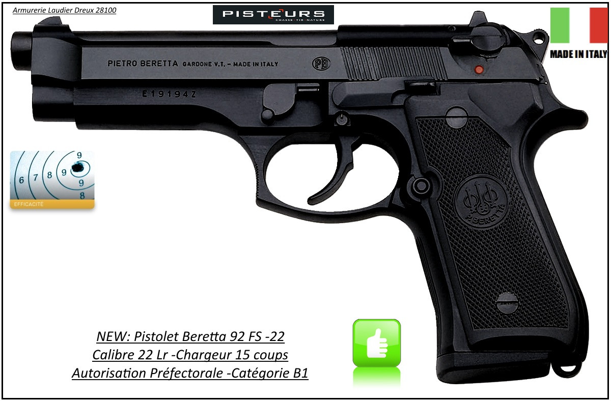 Pistolet Beretta 92 FS Calibre 22 Lr Semi automatique Chargeur 15 coups-Catégorie B1-Promotion-Ref 29847