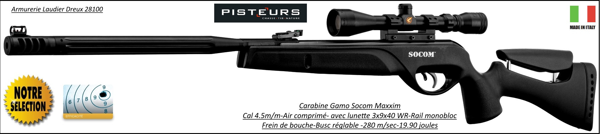 Carabine-Gamo-socom-Maxxim-air comprimé-Cal 4.5mm -19.90 joules+lunette 3x9x40 WR+frein bouche + busc réglable- Promotion-Ref 30697