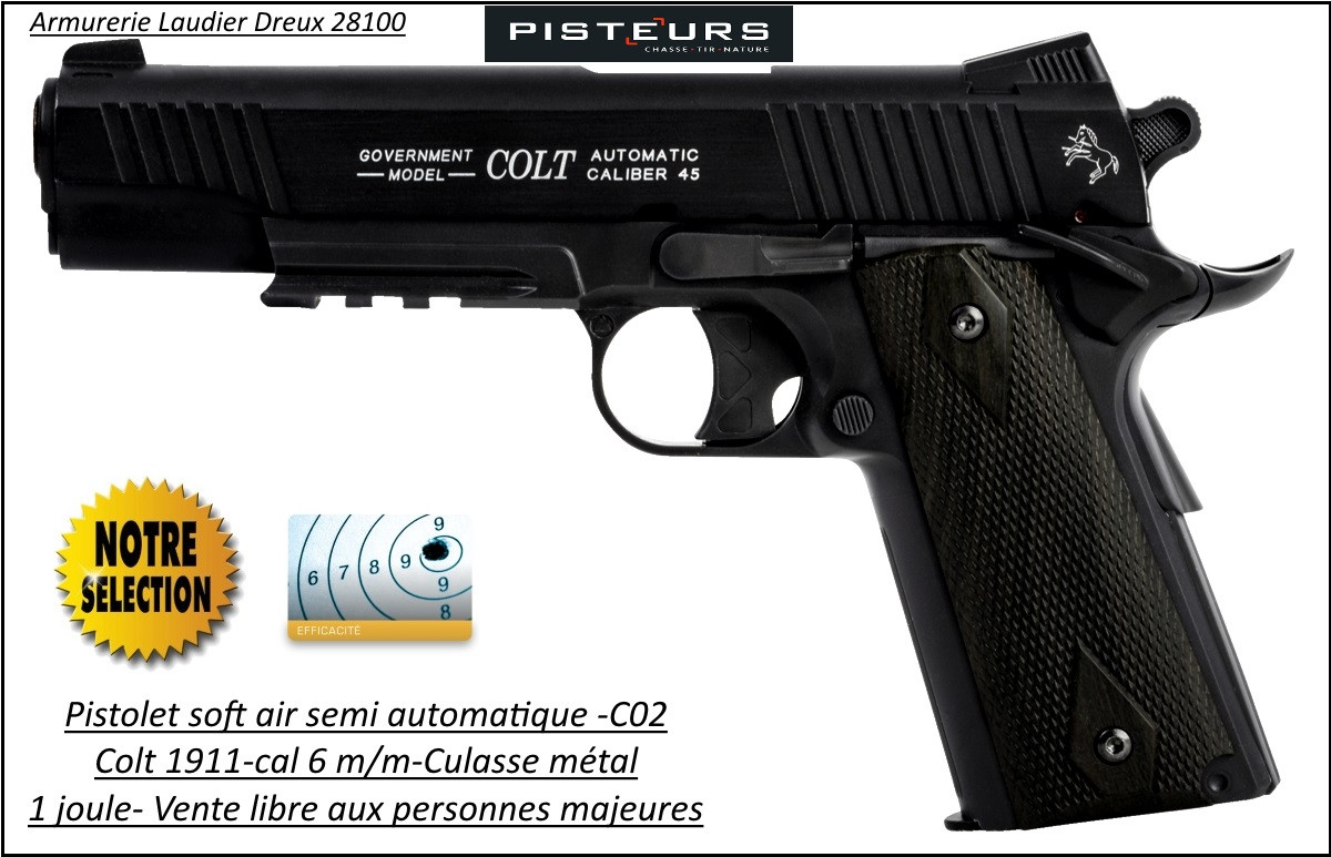 Pistolet-colt-1911-Soft air-Cal 6mm-C02-gun-blakened-Culasse métal-bronzé-1 joule-15 coups-Ref 30847