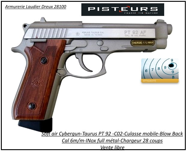 Pistolet-Taurus-PT-92-Soft-air-Cal 6mm-C02-stainless-Culasse-métal-blanche-1,3 joule-28-coups-FULL METAL-Ref 31532