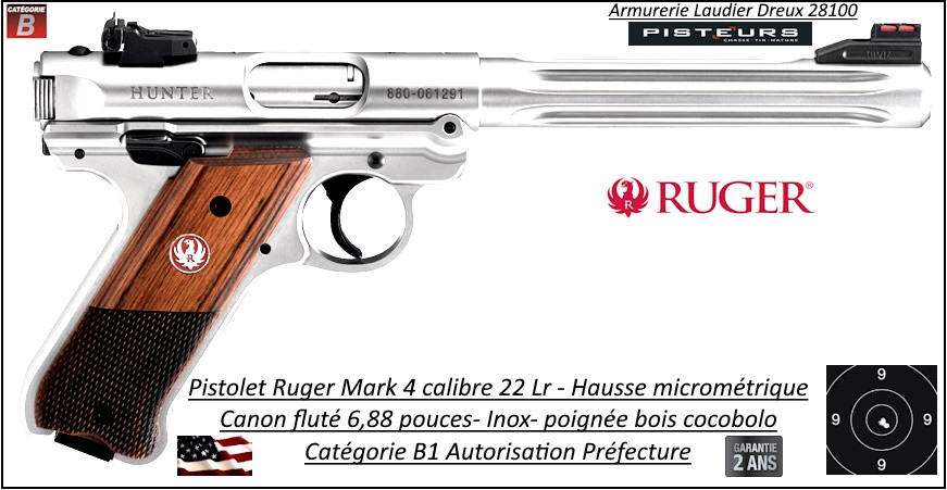 Pistolet Ruger Mark 4 Hunter FLUTE inox Calibre 22 Lr Semi automatique Canon 6.88 "-Chargeur 10 coups-Catégorie B1-Autorisation Préfectorale-Promotion-Ref 34202154