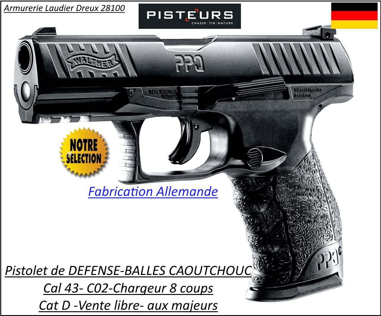 Pistolet walther Umarex PPQ M2 T4E Calibre 43 balles Caoutchouc DEFENSE Semi auto- Ref 31957