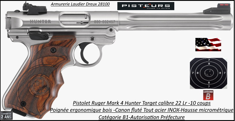 Pistolet Ruger Mark 4  Hunter Target INOX Calibre 22 Lr Semi automatique Canon175 mm-Chargeur 10 coups-Catégorie B1-Autorisation Préfectorale-Promotion-Ref 32037