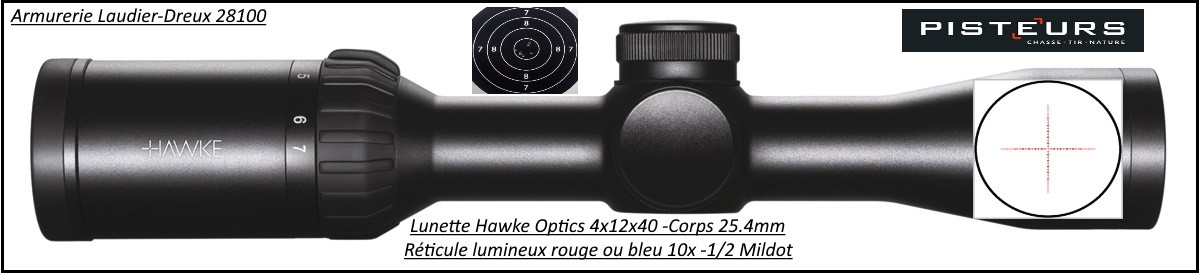 Lunette Hawke Optics Panorama 4x12x40-Réticule 10x -1/2 mildot lumineux-rouge ou bleu-Ref 32251