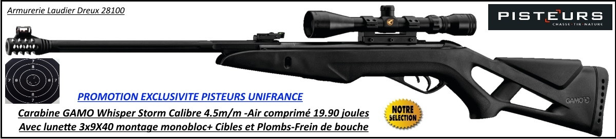 Carabine Gamo whisper Storm air comprimé Calibre 4.5mm  19.90 joules+ Lunette Gamo 3x9x40 + frein bouche Promotion-Ref 32407