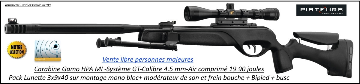 Carabine GAMO HPA MI IGT Air comprimé Calibre 4.5mm 19,90 joules pack lunette et bipied et modérateur de son -Promotion-Ref 33728