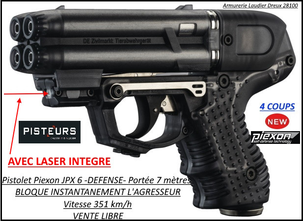 Pistolet défense Piexon Jpx6 Noir Jet Protector 4 coups rechargeable + LASER-VENTE LIBRE-Ref 33897