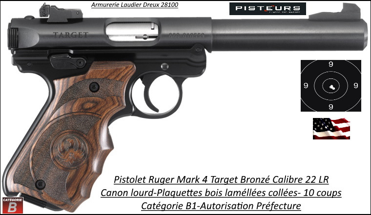 Pistolet Ruger Mark 4  Hunter Target  Bronzé Calibre 22 Lr Semi automatique Canon140 mm-Chargeur 10 coups-Catégorie B1-Autorisation Préfectorale-Promotion-Ref 35230
