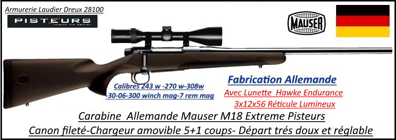 Mauser M18 Extreme Pisteurs Calibre 243 winch avec lunette 3x12x56 reticule lumineux composite marron Pack Pisteurs répétition Canon fileté -Promotion-Ref 35692