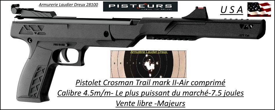 Pistolet Air comprimé Crosman Trail mark II NP Calibre 4,5m/m Puissance 7,5 joules- Un coup-LE PLUS PUISSANT DU MARCHE- Promotion-Ref 36982