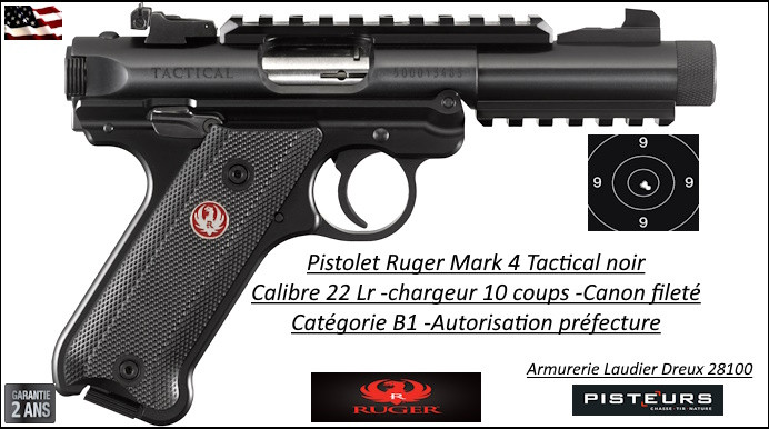 Pistolet Ruger Mark 4 Tactical Bronzé Calibre 22 Lr Semi automatique canon fileté Chargeur 10 coups-Catégorie B1-Autorisation Préfectorale-Promotion-Ref 37369
