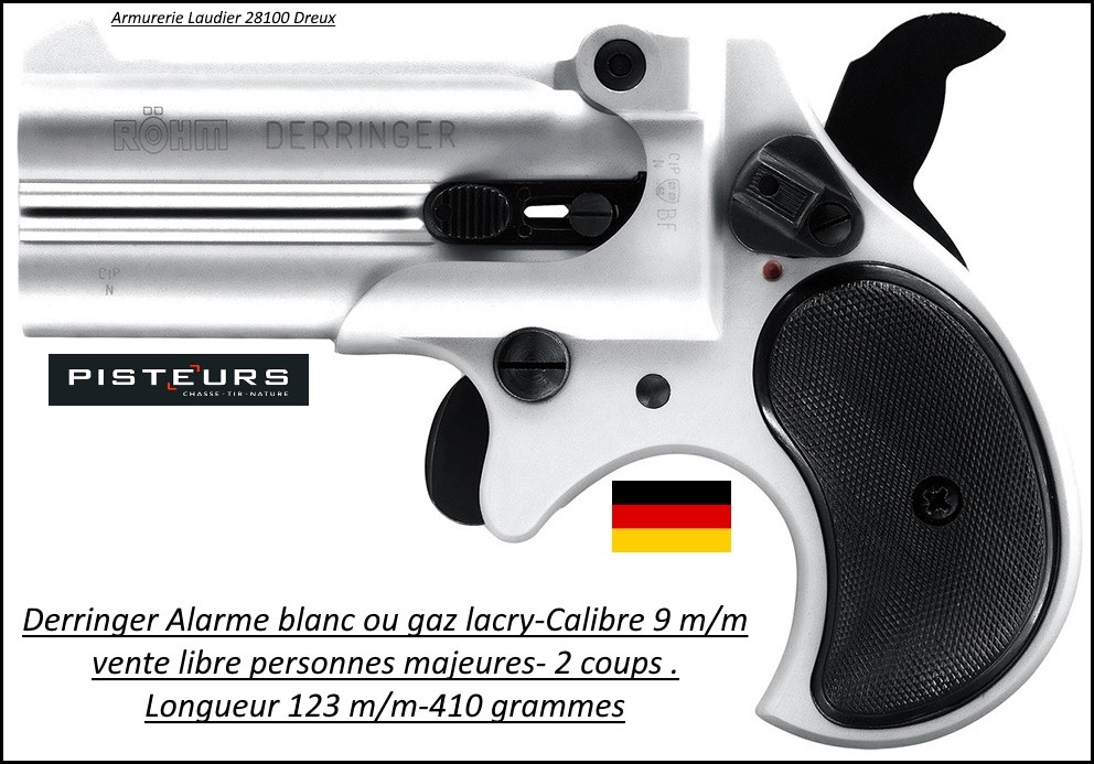 Pistolet alarme Rohm Derringer chromé à-blanc ou à gaz Calibre-9 mm R-2 coups-Ref 38042