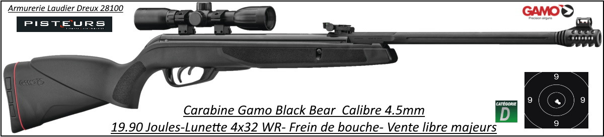 Carabine Gamo Black Bear 19.90 joules+ Lunette Gamo 4x32wr + frein bouche- Promotion-Ref 38293