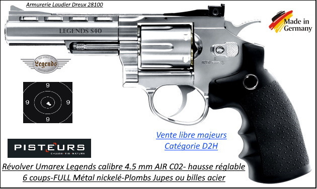 Revolver Umarex S40 LEGENDS  Air CO2 Calibre 4,5 mm nickelé Barillet 6 coups plombs jupes ou billes métal Full métal-Ref 38399