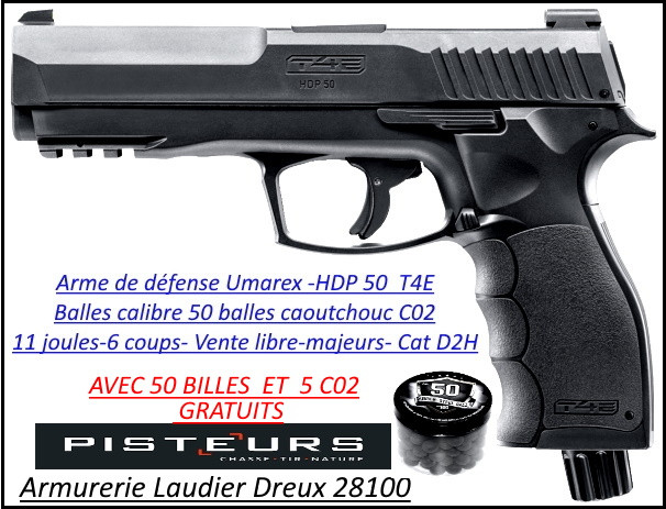 Pistolet T4E HDP 50 Umarex CaIibre 50- balles Caoutchouc DEFENSE 6 coups-11 joules-AVEC 100 munitions et C02 -VENTE LIBRE-Promotion-Ref 39695