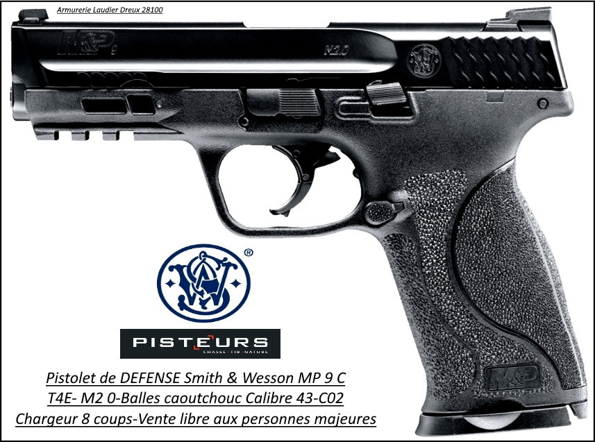 Pistolet Smith et Wesson MP 9C T4E Umarex Calibre 43 balles Caoutchouc DEFENSE Semi auto- Ref 38648