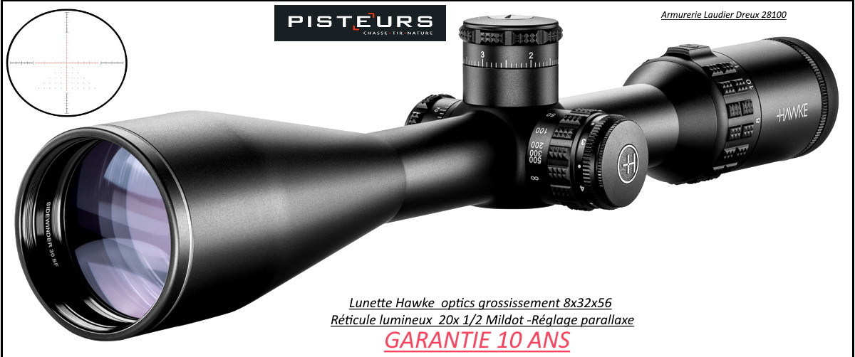Lunette Hawke Optics Sidewinder 30-IRSF 8x32x56 Réticules 20X 1/2 mildot lumineux -rouge ou vert-Promotion-Ref 39905