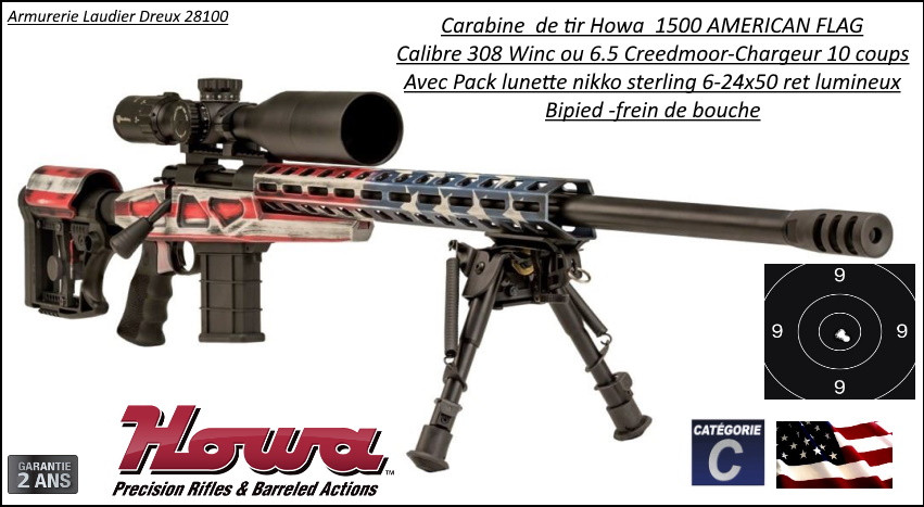 Carabine Howa Américan Flag Calibre 308 winch-Répétition Crosse réglable rails picatini +lunette Microdot-6-24x50+Frein bouche+bipied-Promotion-Ref HOAP01
