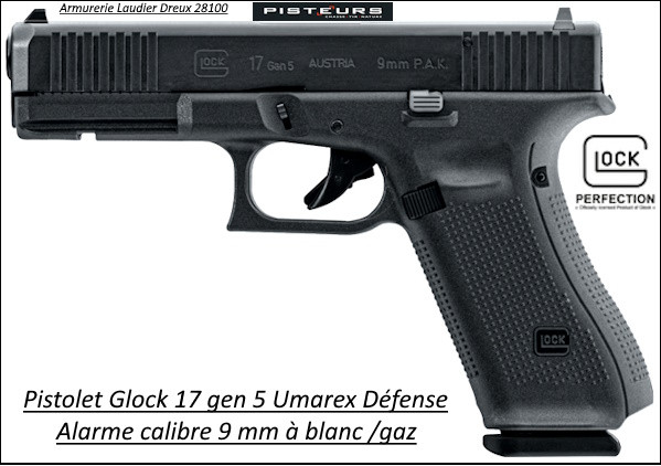 Pistolet alarme Glock 17 gen5 Calibre 9 m/m blanc /gaz  Semi auto 17 coups -Promotion-Ref 41672