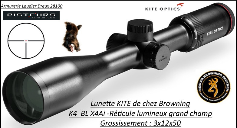 Lunette KITE OPTICS K4  x4i  BL grossissement 3x12x50 -Réticule lumineux-grand champ -Ref  k282349-kite