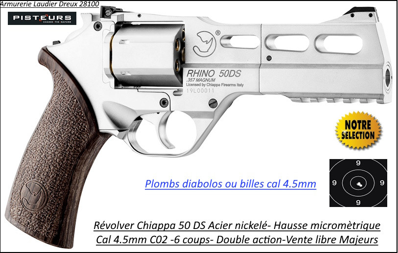 Révolver Chiappa Rhino 50 DS Calibre 4,5mm C02 Nickelé 6 coups plombs ou billes -Ref 41526