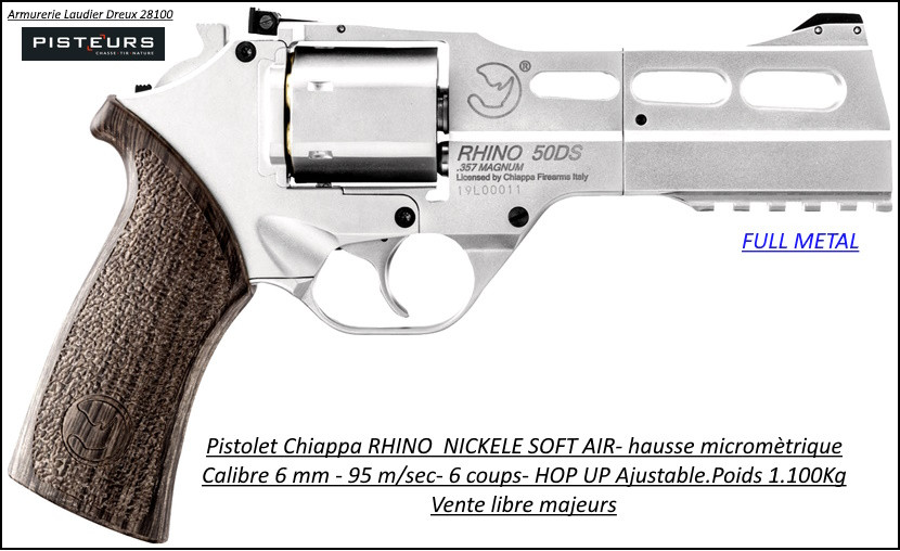 Révolver Chiappa Rhino 50 DS  Soft air Calibre 6mm C02 nickelé 6 coups Hop Ajustable -Ref 41528