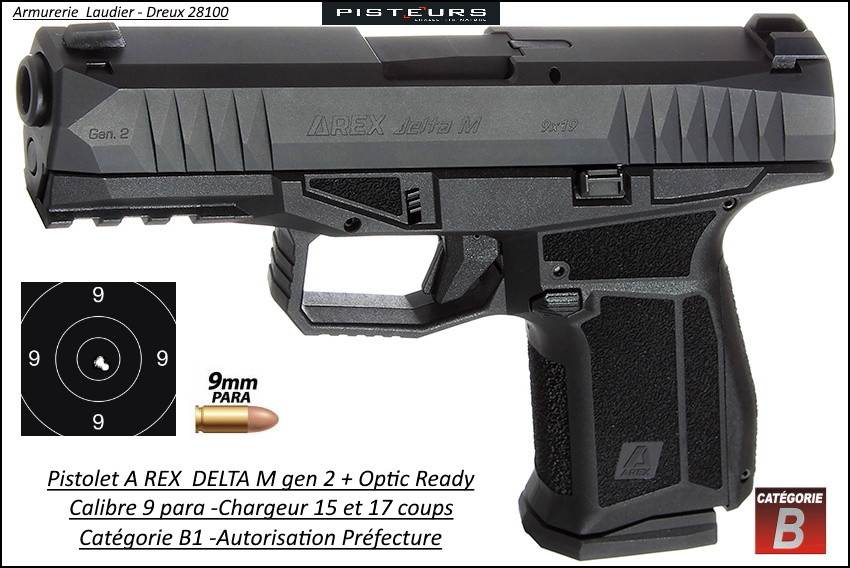 Pistolet AREX DELTA M gen II Optic Ready Calibre 9mm para  noir 15 et  17 coups-Catégorie B1-Autorisation-Préfecture-Promotion-Ref 41705