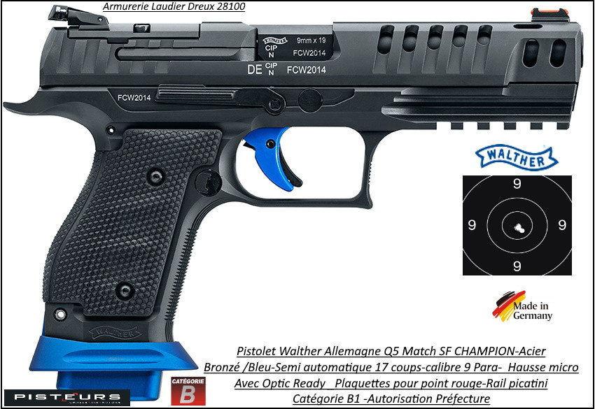 Pistolet Walther PPQ Q5 Match SF Champion noir bleu Calibre 9 Para + OPTIC READY Semi automatique full métal-Catégorie B1-Promotion-Ref 42145