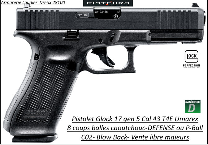 Pistolet GLOCK 17 GEN 5 T4E  noir Umarex Calibre 43 balles Caoutchouc DEFENSE ou Paint Ball Semi auto- Ref 43532