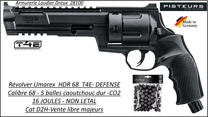Revolver walther T4E HDR CaIibre 68 balles Caoutchouc DEFENSE 5 coups-16 joules-AVEC 100 BILLES ET 5 C02-VENTE LIBRE-Promotion-Ref 43503