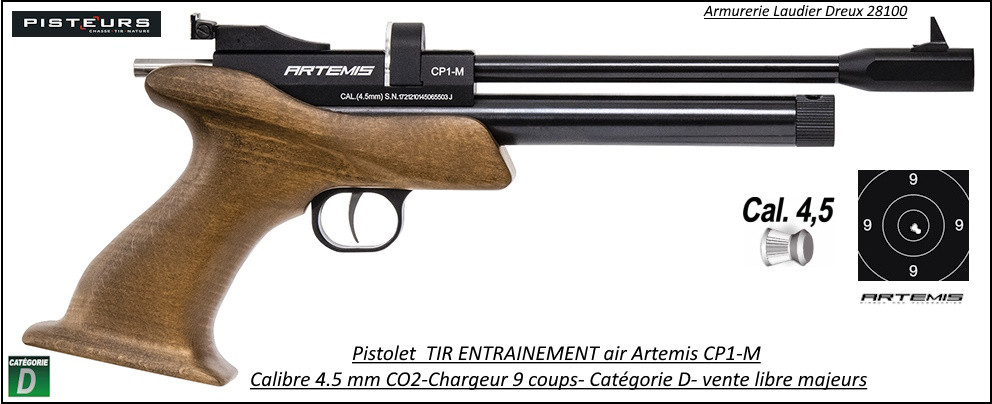 Pistolet Artemis CP1M CO2 Calibre 4.5mm plombs jupe 9coups TIR entrainement-Ref 43507