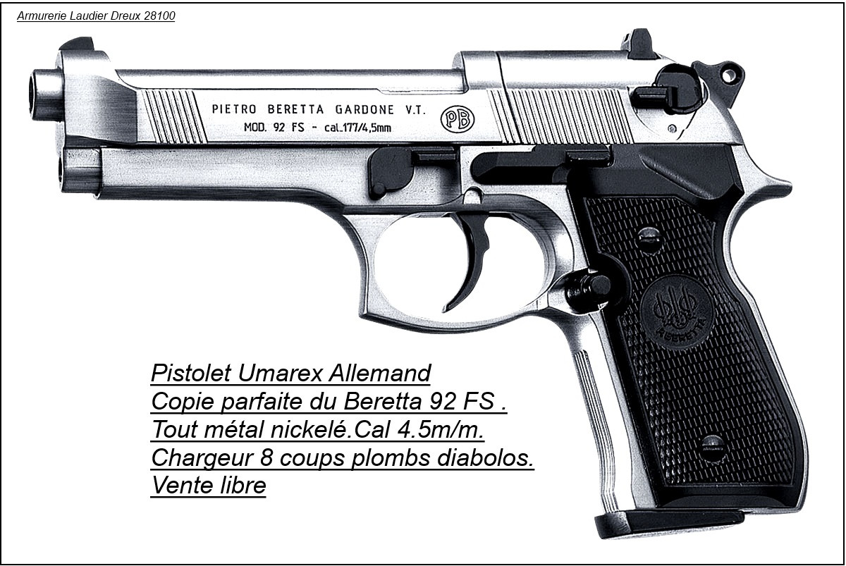 Pistolet Beretta 92 Fs Umarex CO2 Calibre 4.5mm- 8 coups-FINITION NICKELEE- Promotion-Ref 4389