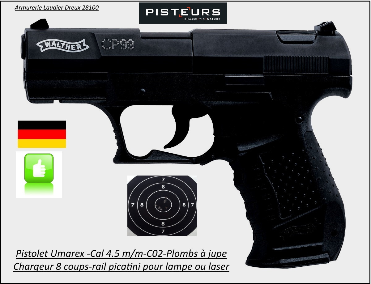 Pistolet Walther CP 99 Air Co2 Umarex Calibre 4.5m/m  Répétition  8 coups Plombs jupe-FULL METAL-Promotion-Ref 4990