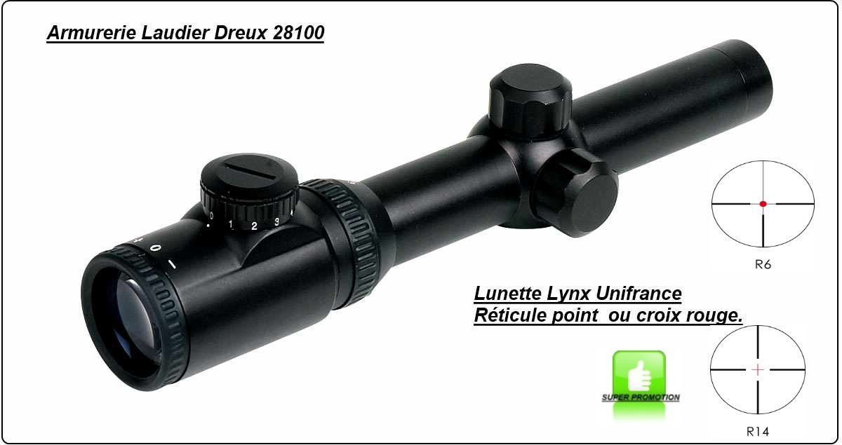  Lunettes- battue-LYNX- Unifrance-Grossissement-1.25-5x26- Croix-R6-ou-point rouge-R14.