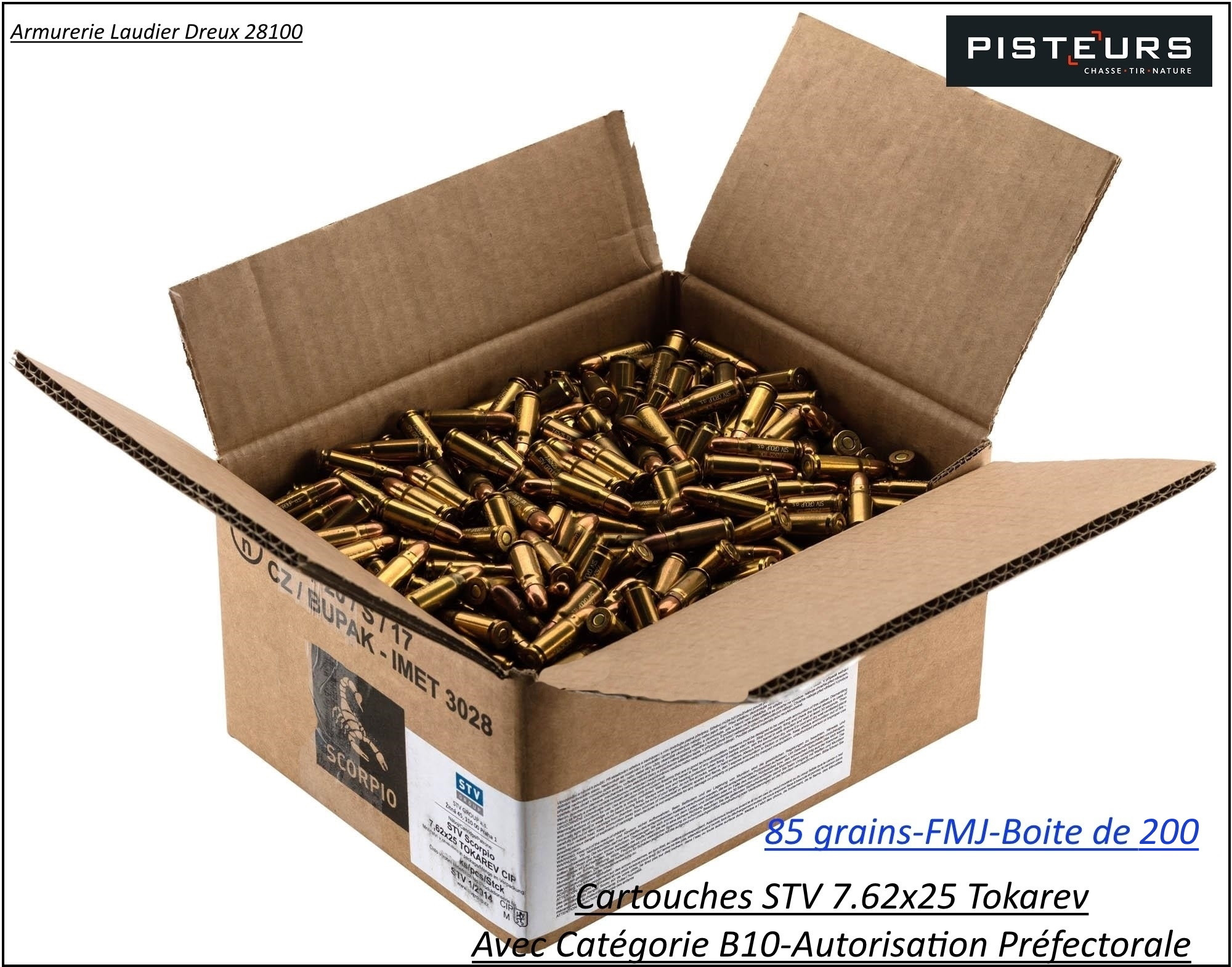 Cartouches calibre 7.62x25 TOKAREV Surplus STV CIP -85 grains FMJ- Par 200 cartouches-Promotion-Ref 37646-p200