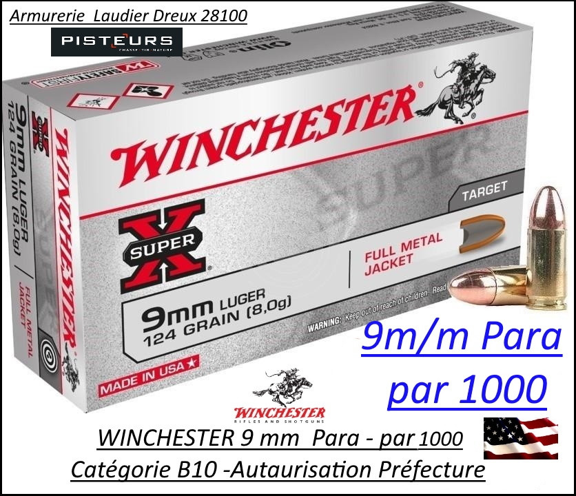Cartouches 9 para Winchester FMJ Blindées Par 1000  poids 8gr/ 124 grs-Promotion-Ref cw9mm124-1000