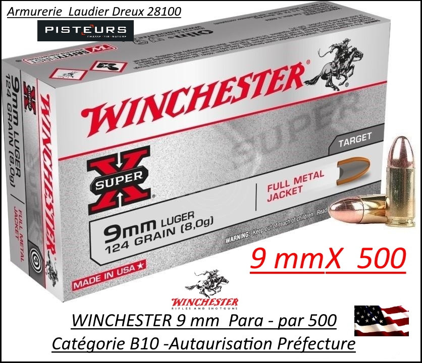 Cartouches 9 para Winchester FMJ Blindées Par 500 poids 8gr/ 124 grs-Promotion-Ref cw9mm124-500