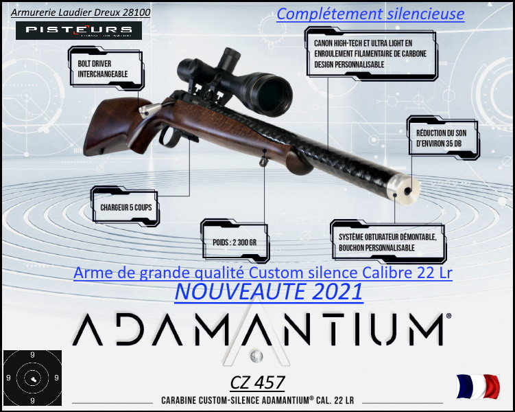 Carabine CZ 457 Adamantium CUSTOM SILENCE CaIibre 22Lr Chargeur 5 coups-Bleu -Promotion-Ref CZ-adamantium-23011-B