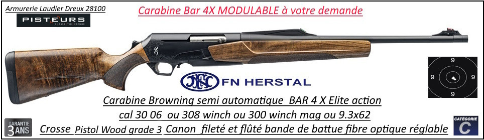 Carabine Browning Bar 4x ELITE cal 300 winch mag semi automatique Crosse Pistol Wood grade 3- Ref  Bar 4x elite pistol wood grade 3 cal 300 winch mag