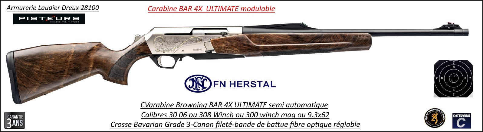 Carabine Browning Bar 4x ULTIMATE cal 300 winch mag semi automatique-Crosse Bavarian grade 3- Ref  Bar 4x ULTIMATE bavarian grade 3 cal 300 winch mag