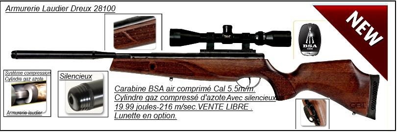 Carabine-BSA- GRT-Lightning-XL SE-air comprimé-Cal 5.5mm-Cylindre-gaz azote-compressible -19,99 joules-Promotion -Ref 19618