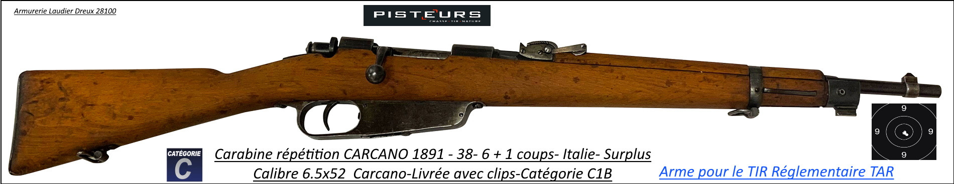 Carabine Carcano 1891-38 fabrication Italie répétition 6 +1coups Calibre 6.5x52 carcano -Ref 44455